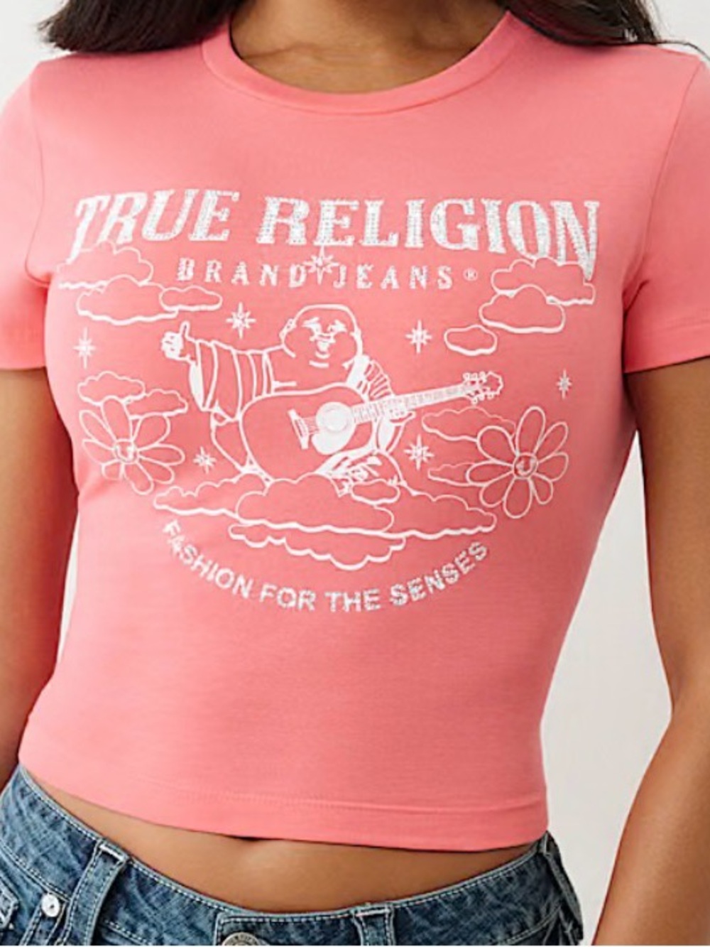 True Religion Coral-Pink Graphic Crop Tee